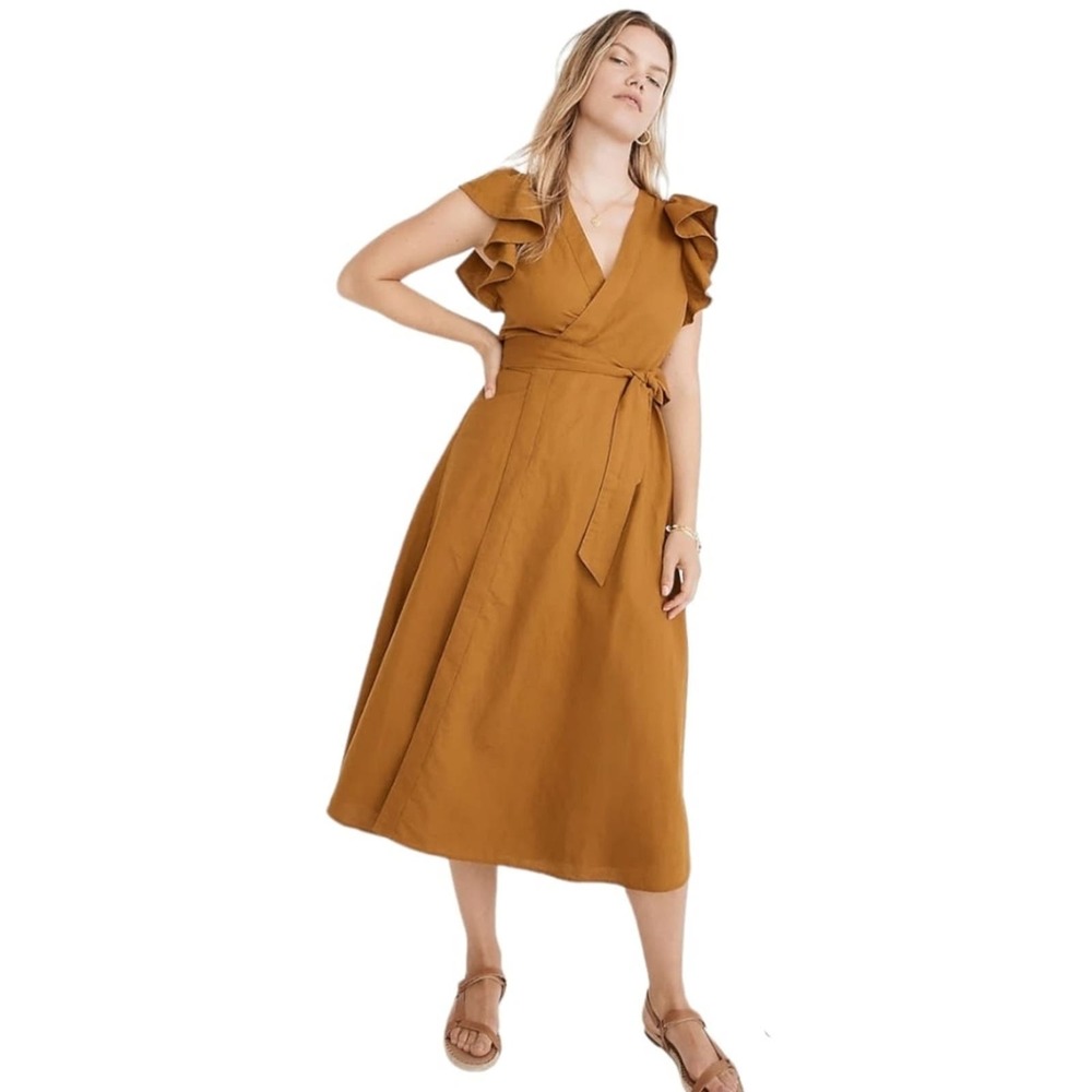 Madewell Mustard Wrap Midi Dress with Ruffle Sleeves